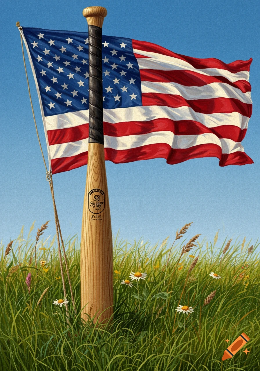 A baseball bat stands upright in a grassy field with white daisies, while an American flag waves behind it in a clear blue sky. The image has a painted art style.