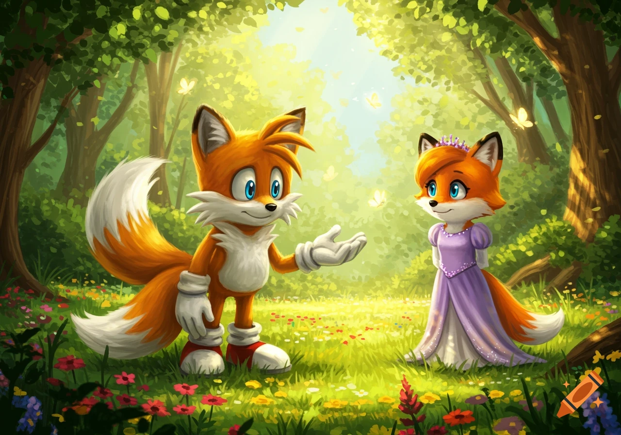 A cartoon orange fox resembling Tails greets a smaller female fox in a purple gown, surrounded by butterflies in a sunny forest.