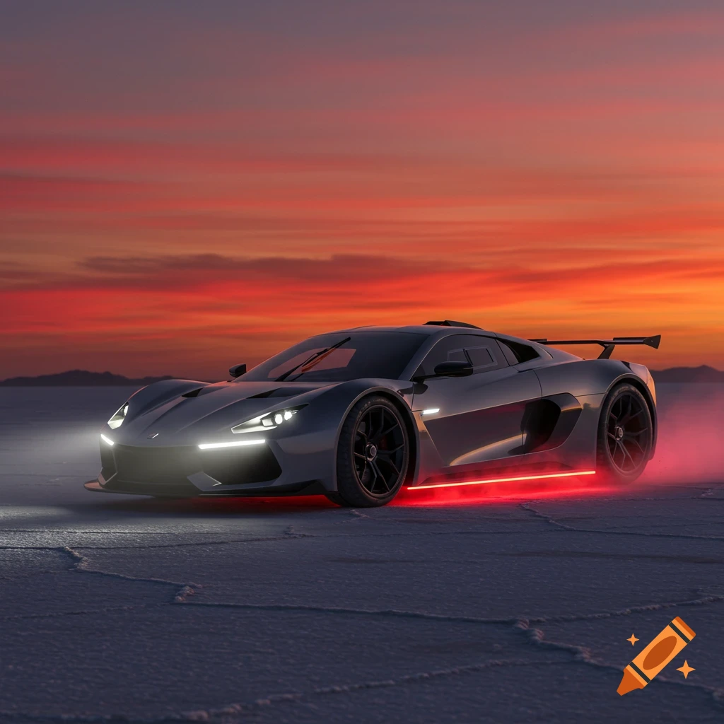 Sleek dark gray supercar with red underglow on a salt flat at sunset with vibrant orange and red sky.