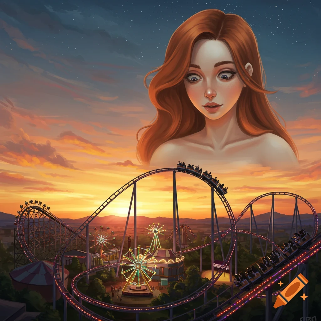 Digital painting of a giant woman looking down at a vibrant amusement park with roller coasters at sunset.