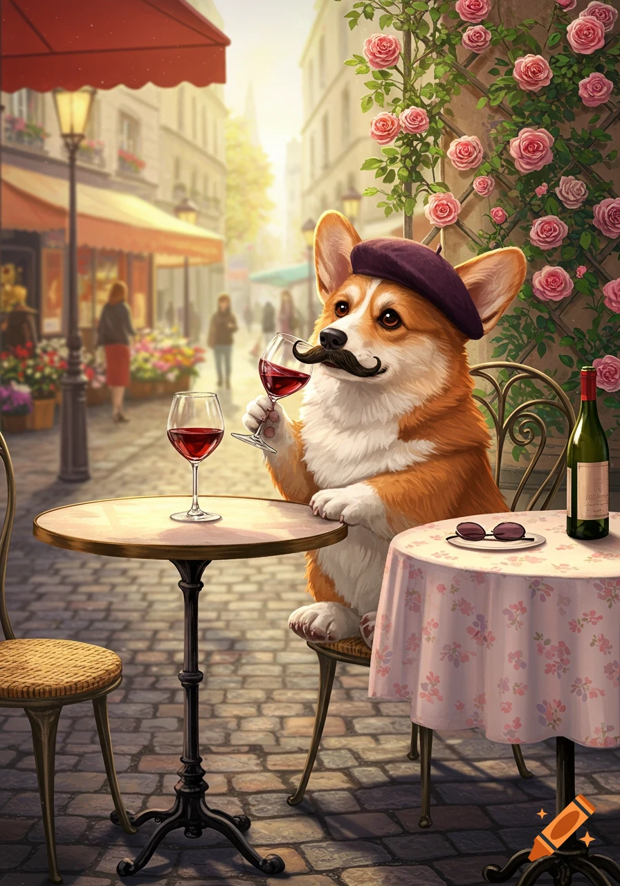 A whimsical illustration of a corgi in a beret and mustache, sitting at an outdoor cafe table, sipping red wine.