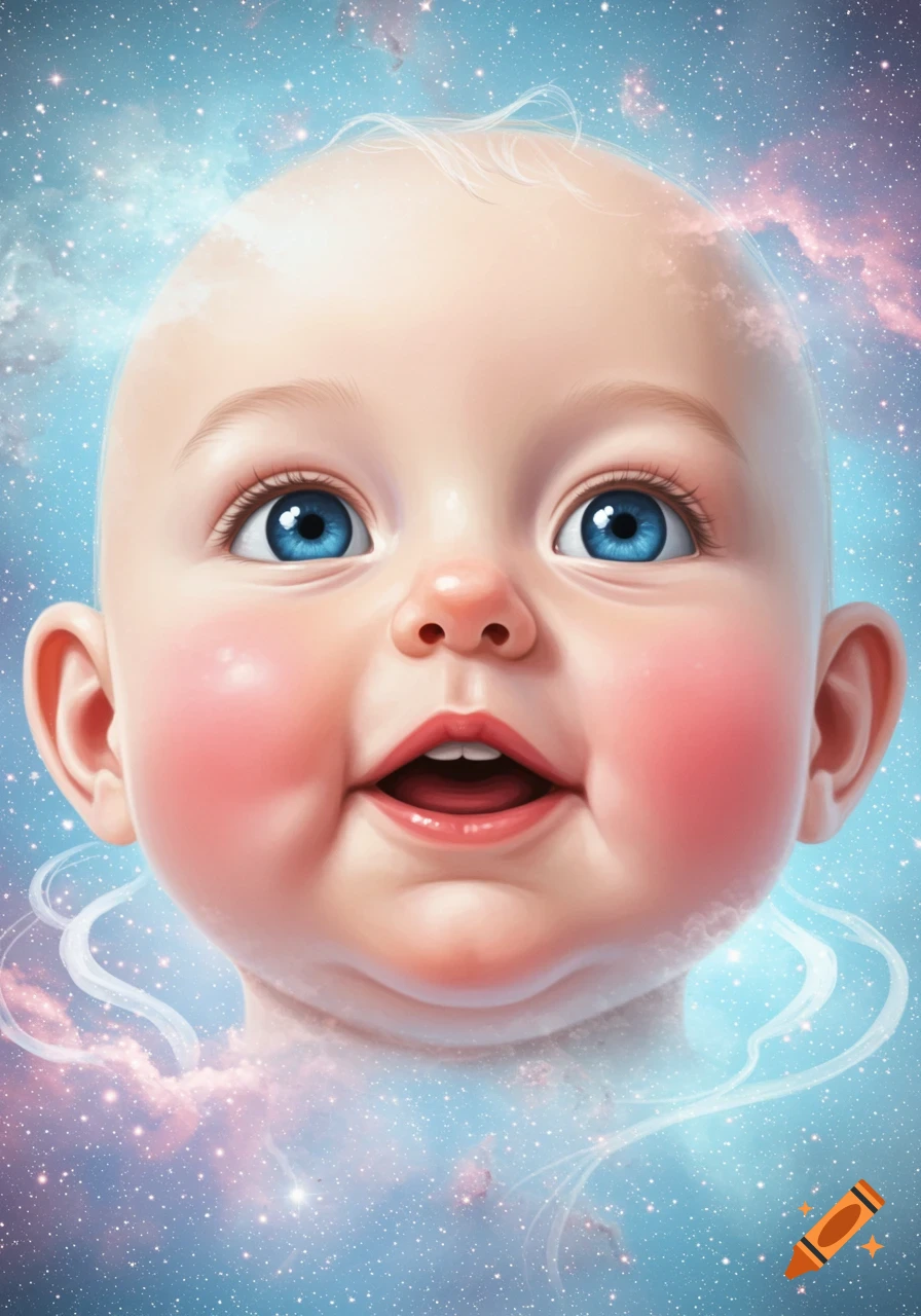 Close-up digital painting of a cute baby's face with bright blue eyes, floating in a cosmic, starry blue and pink sky.