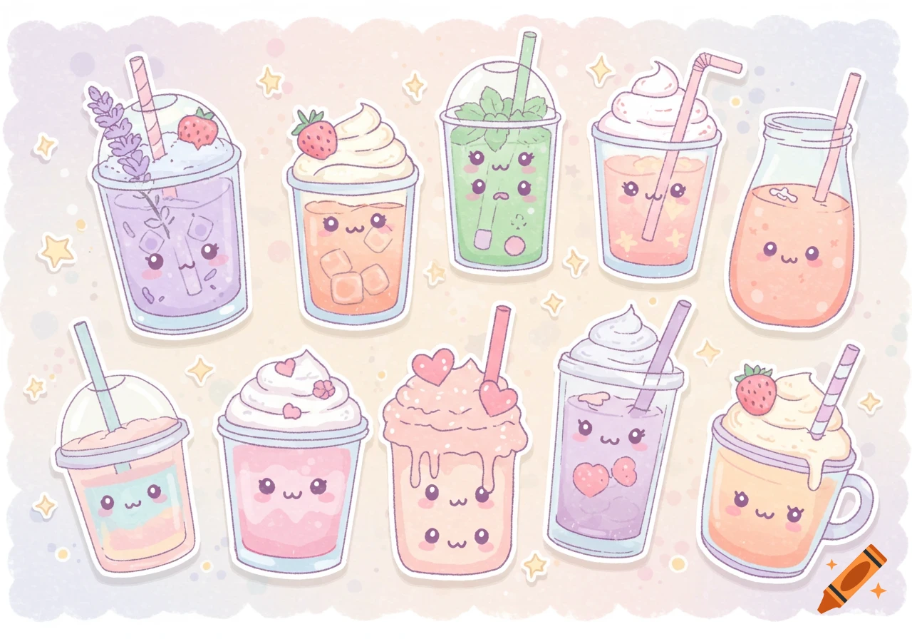 A collection of cute pastel kawaii drink stickers with cartoon faces, including boba tea, milkshakes, and juice.