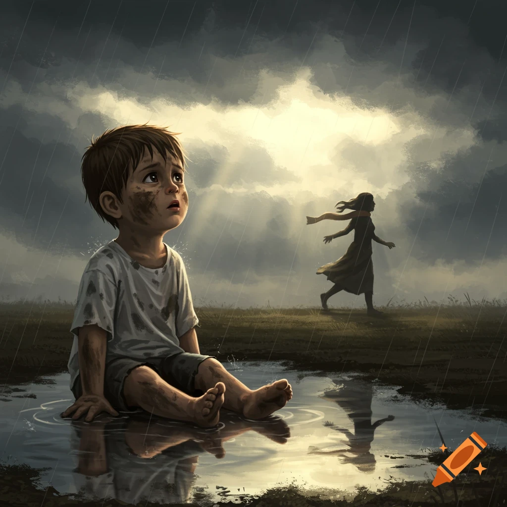 Digital painting of a sad, dirty boy sitting in a puddle in the rain, looking up, as a woman walks away in the background.