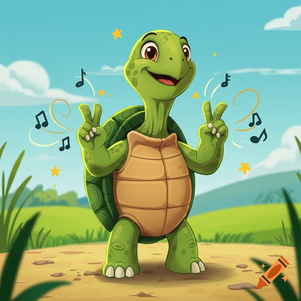 Happy cartoon turtle making peace signs with musical notes and stars in a sunny field.