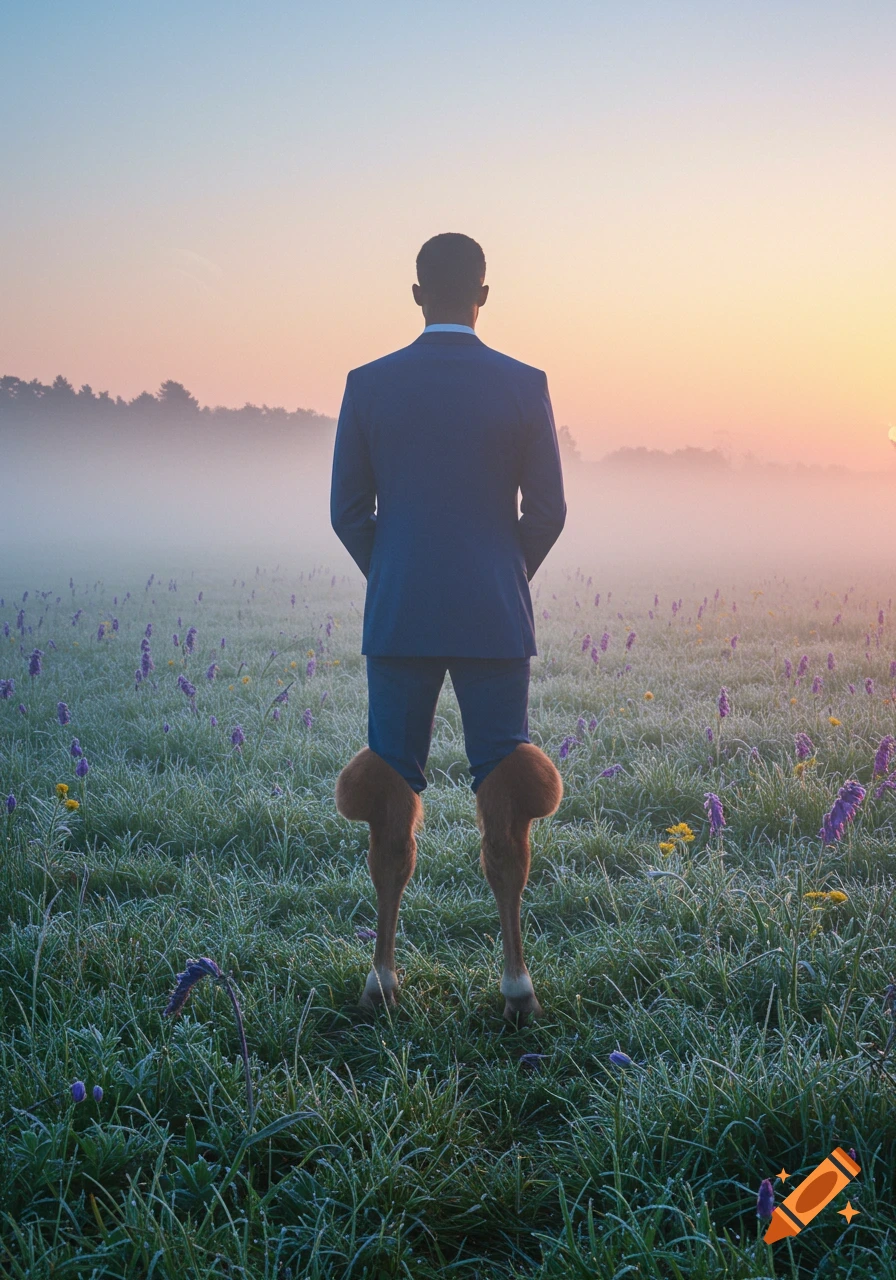 A man in a suit with calf hooves for feet stands in a misty, dew-covered field at sunrise, looking away.