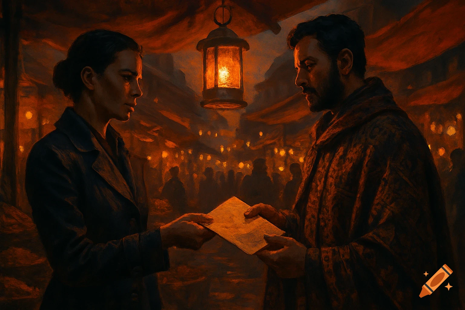A painterly image of two people exchanging a document in a dimly lit, bustling night market.