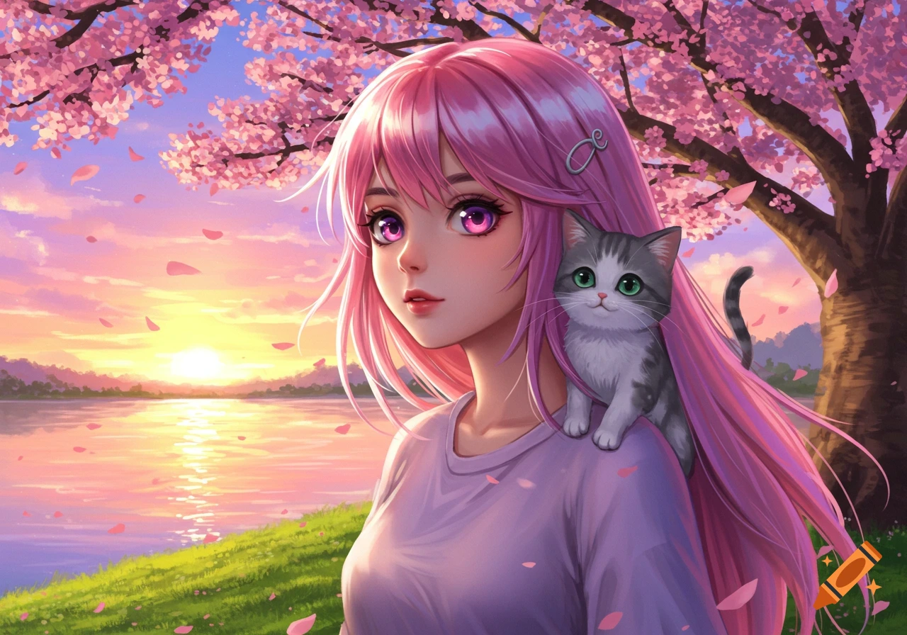 Anime girl with pink hair and a cat on her shoulder, by a lake with cherry blossoms at sunset, in a vibrant art style.