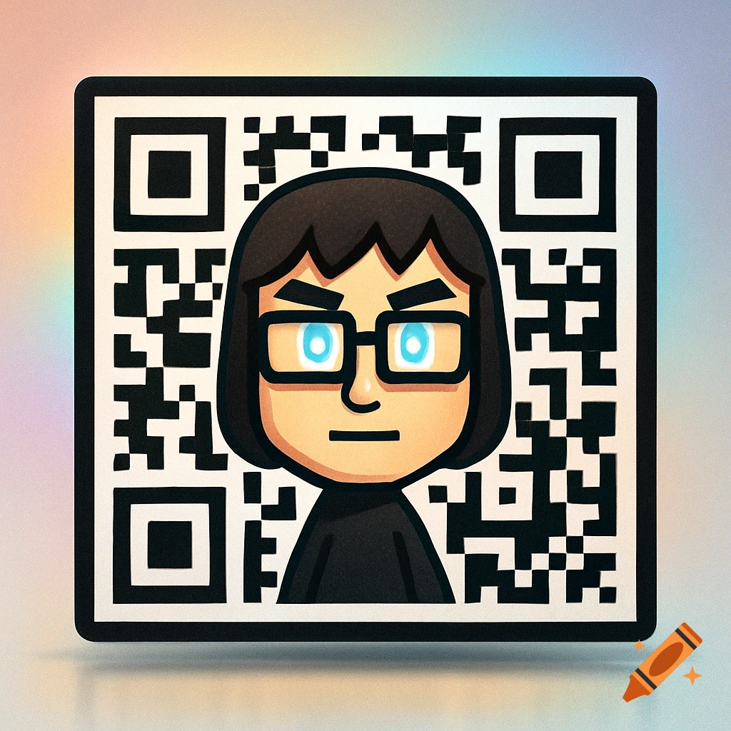 A cartoon Mii character with black hair and glasses with glowing blue eyes, centered on a QR code background.