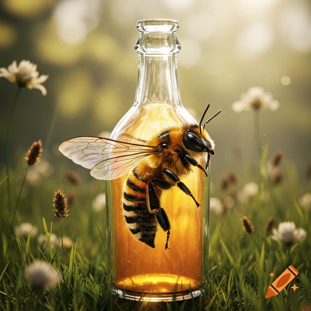 A large, realistic bee partially inside a glass bottle filled with golden liquid, set in a sunny, blurry field of grass and wildflowers.