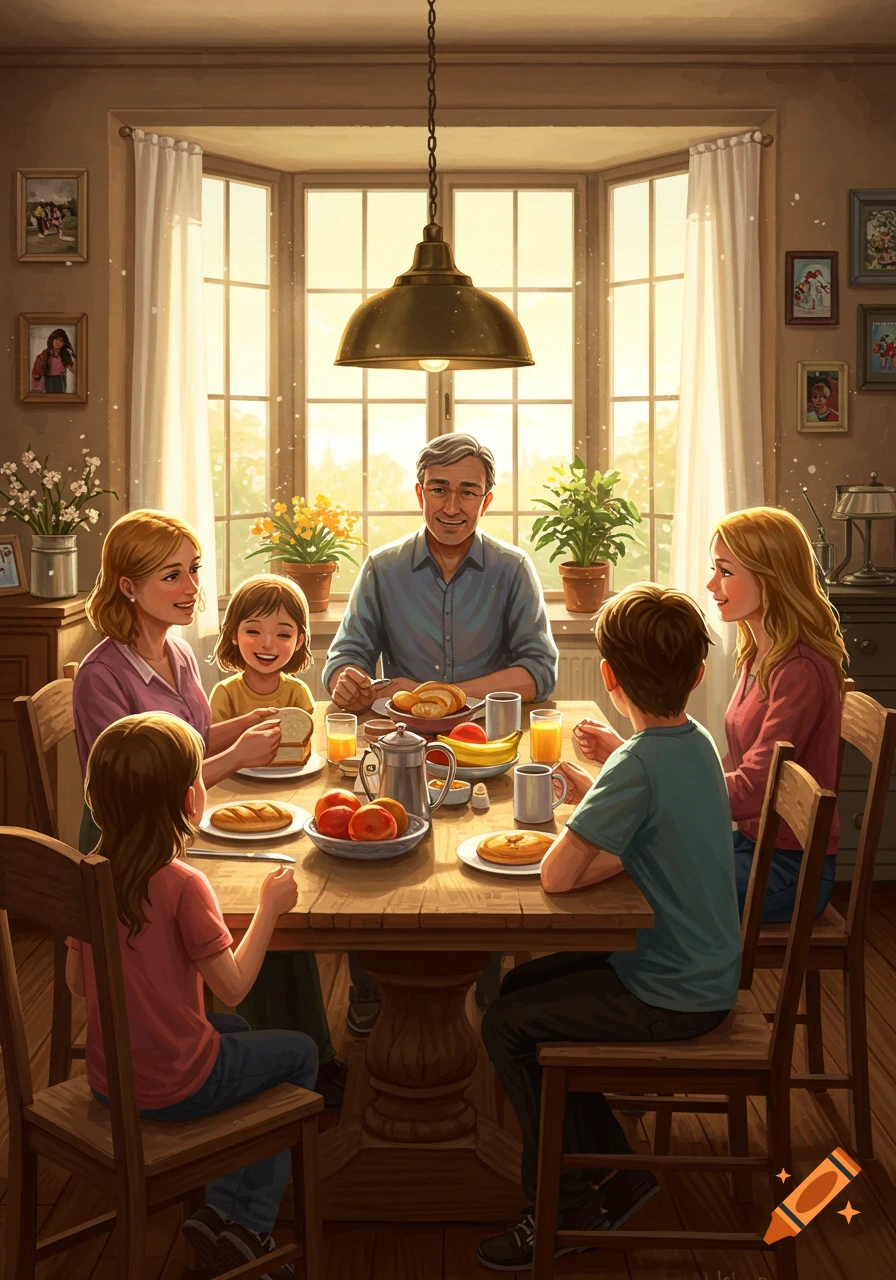 A happy family, including a dad, mom, and three children, sitting around a table having breakfast in a warm, sunlit dining room.