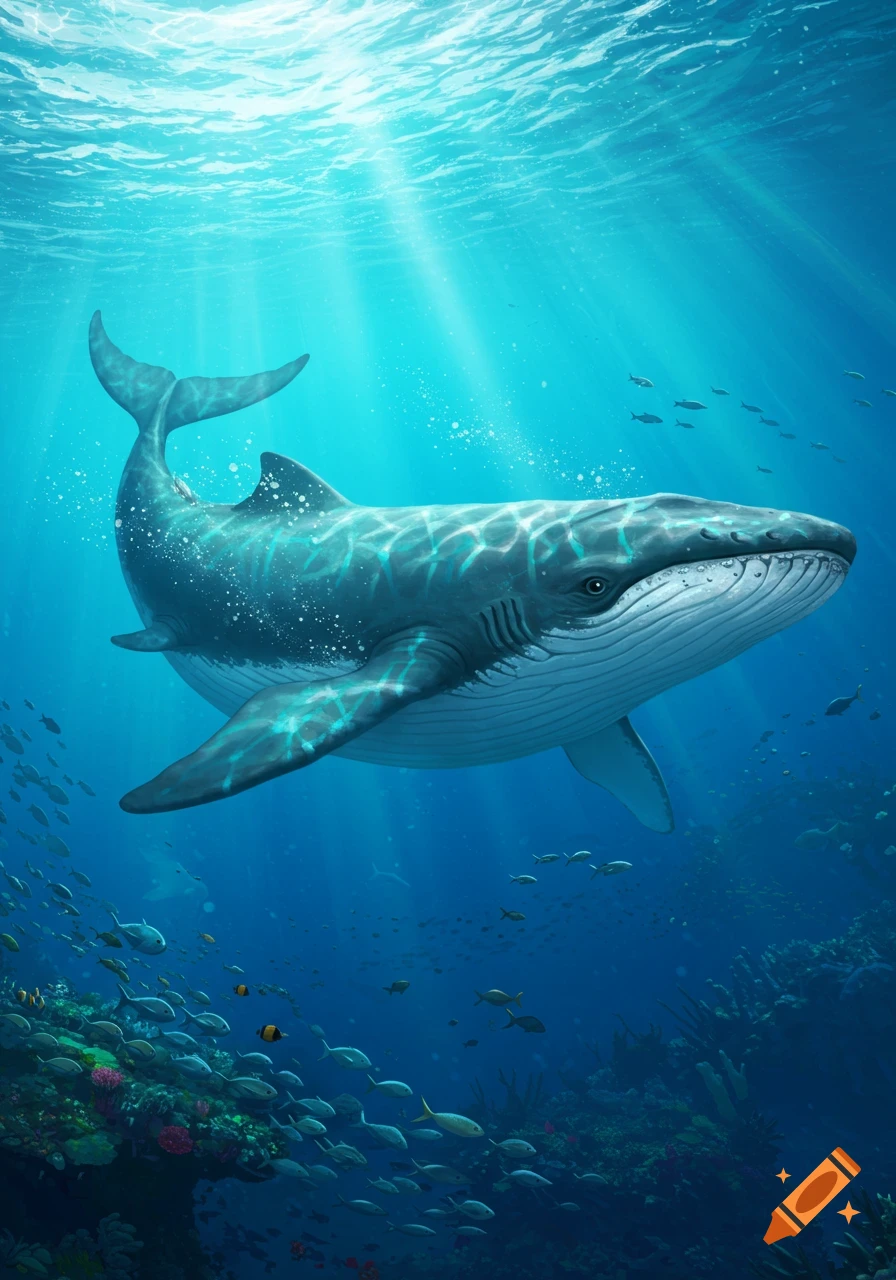 A large, majestic shark-whale hybrid creature swims through sunlit clear blue ocean water above a vibrant coral reef teeming with small fish.