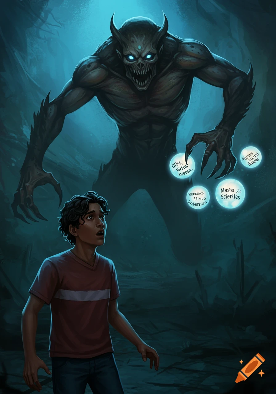 A young boy looks up in horror at a large, horned monster with glowing eyes, standing in a dark, ethereal cave holding glowing orbs.