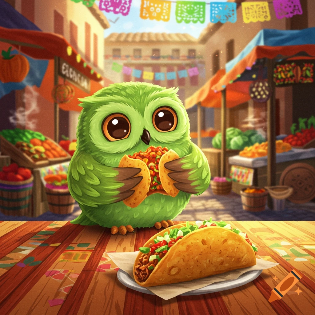 Cute green cartoon owl eating a taco in a vibrant market, with another taco on a plate in the foreground.