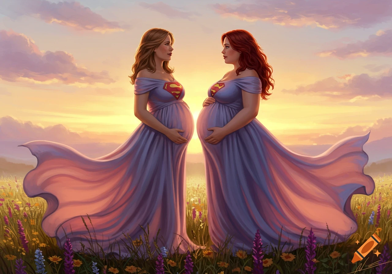 Two pregnant women in flowing purple gowns with Superman crests stand in a field of wildflowers at sunset.