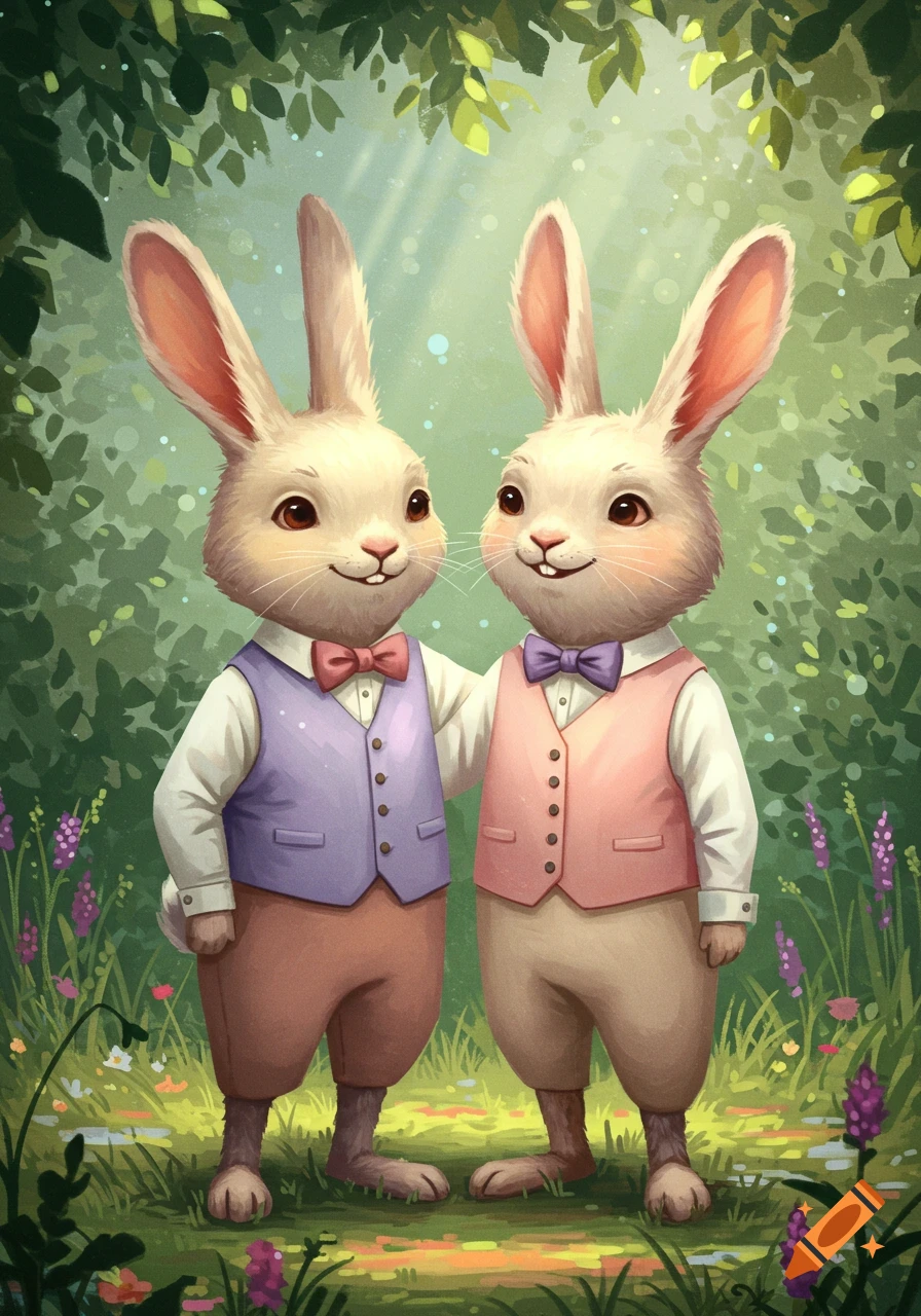 Two anthropomorphic bunnies dressed in vests and bow ties, standing in a whimsical forest clearing, looking friendly.