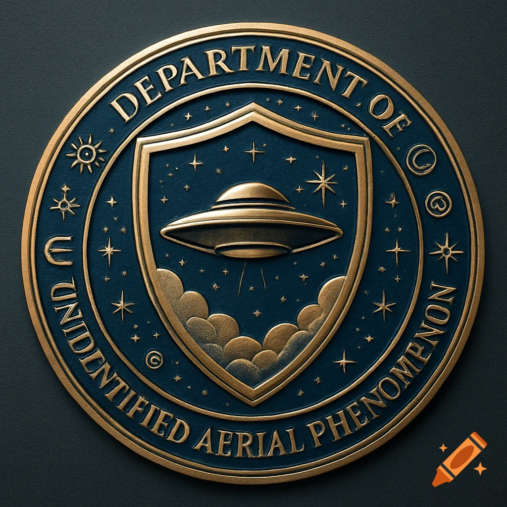 A circular gold and blue government seal with a UFO, stars, and text: Department of Unidentified Aerial Phenomenon.
