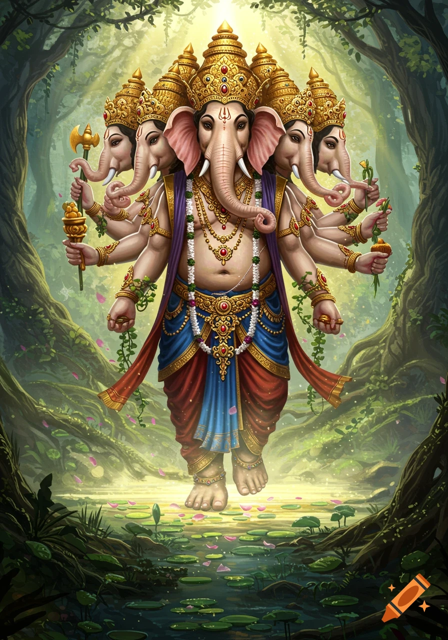 A multi-headed, multi-armed Hindu deity Ganesha with elephant heads, adorned in gold and colorful garments, walking on water lilies in a lush, sunlit forest.