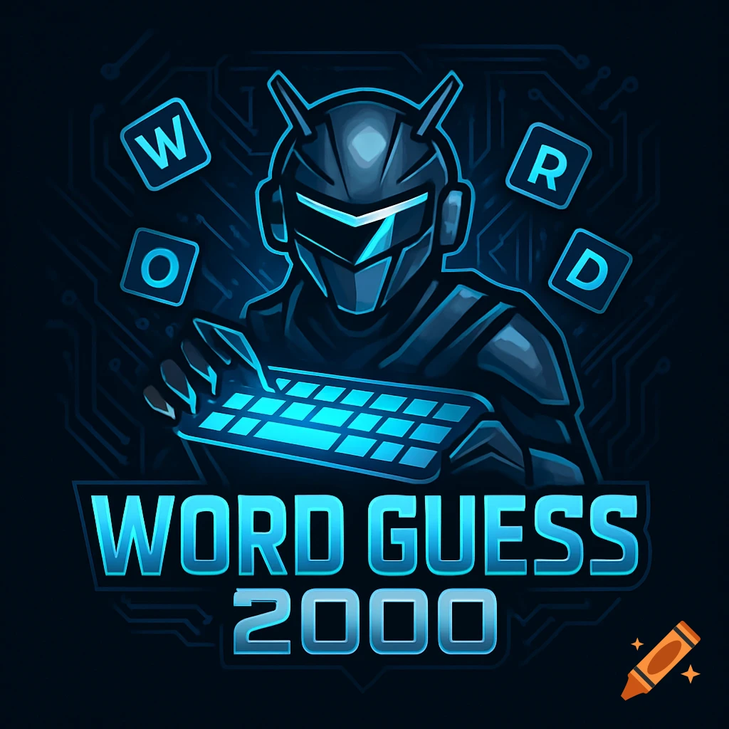 Blue stylized robot gaming logo with glowing keyboard, floating 'WORD' letters, and 'WORD GUESS 2000' text on a dark circuit background.