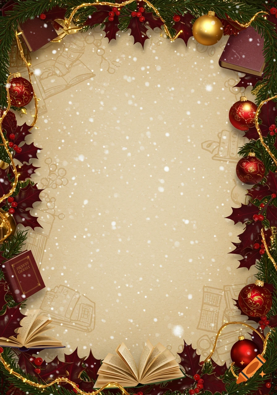 Festive Christmas border with fir, holly, red and gold ornaments, string lights, and books on a snowy beige background.