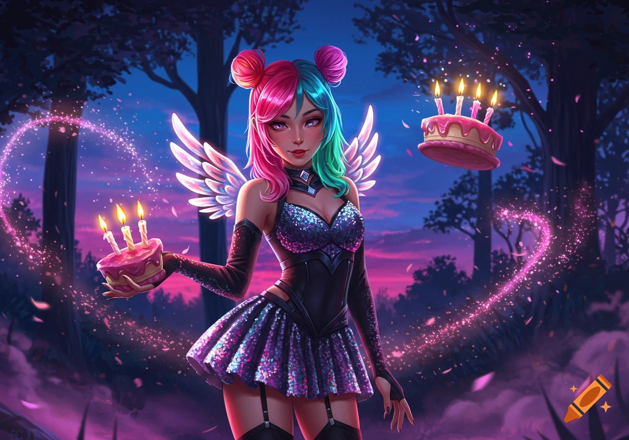 Vibrant fantasy character with pink/teal hair and wings, holding a birthday cake with lit candles in a magical twilight forest. Another cake floats nearby.