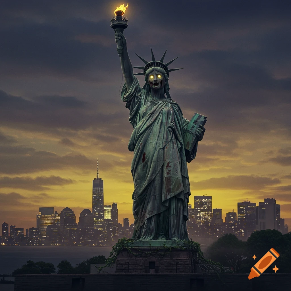 A zombie Statue of Liberty with glowing yellow eyes, bloodstains, and a flaming torch, stands before a sunset city skyline.