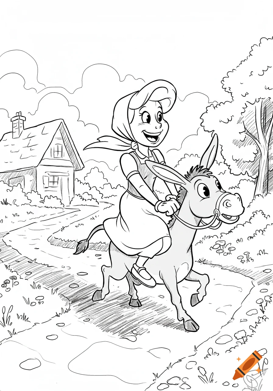 A black and white cartoon line drawing of a smiling girl riding a donkey down a path past a house.