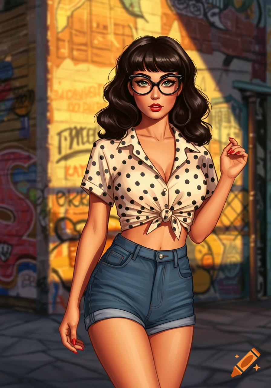 A stylish pin-up illustration of a woman in a polka dot crop top, denim shorts, and cat-eye glasses, standing before a graffiti wall.