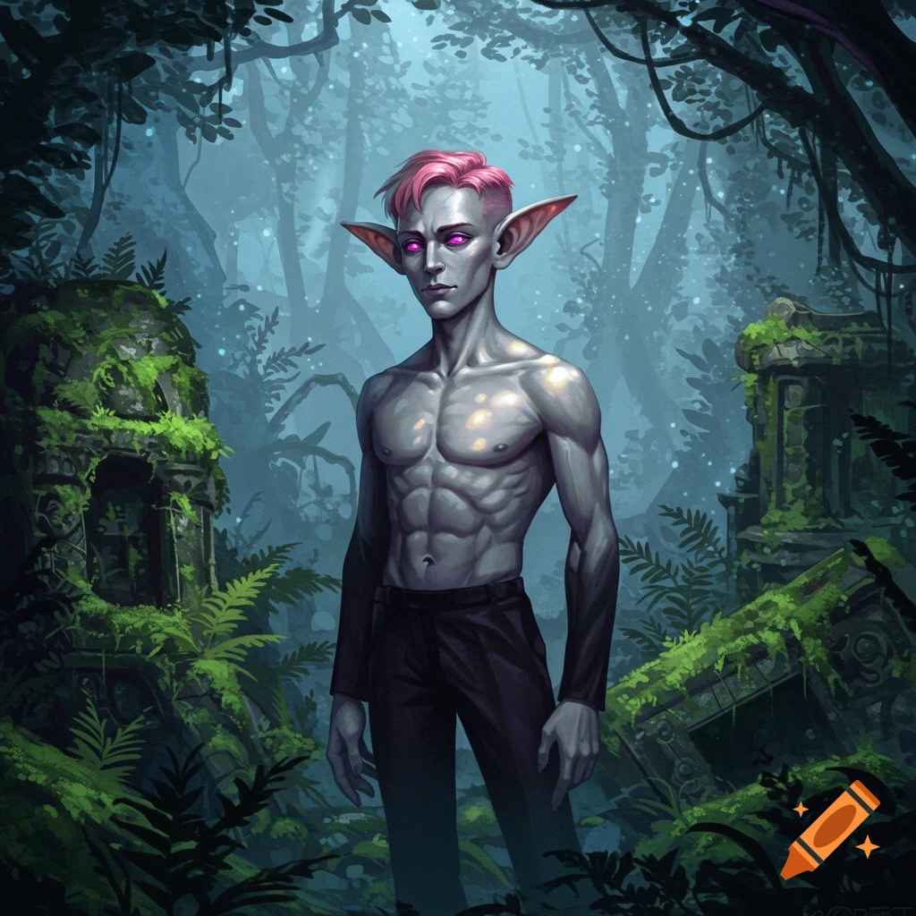 Muscular gray-skinned fantasy character with pink hair, pointed ears, and purple eyes, standing shirtless in overgrown jungle ruins.