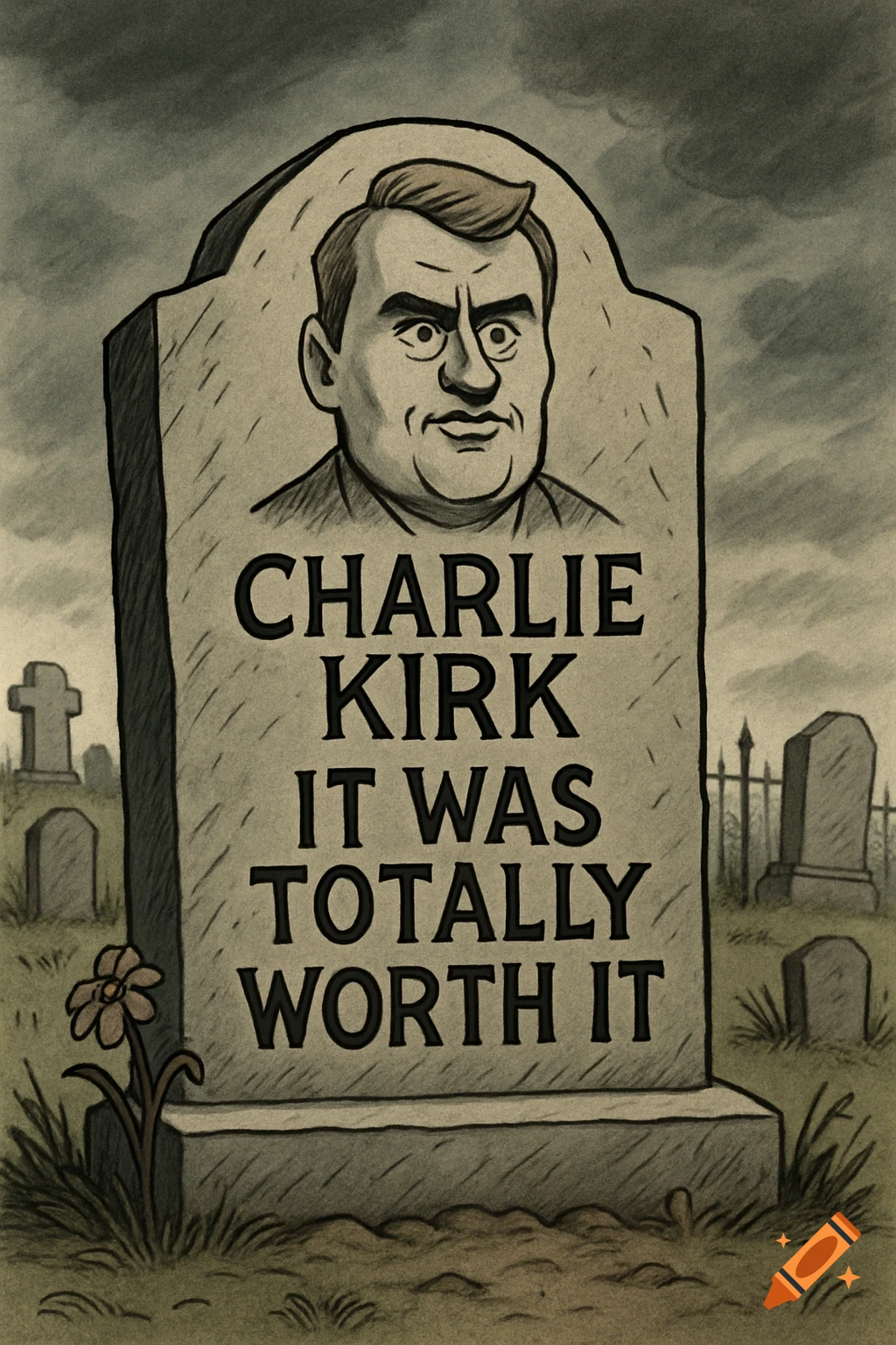 Satirical cartoon of Charlie Kirk's tombstone with his caricature and 'IT WAS TOTALLY WORTH IT' in a gloomy graveyard.