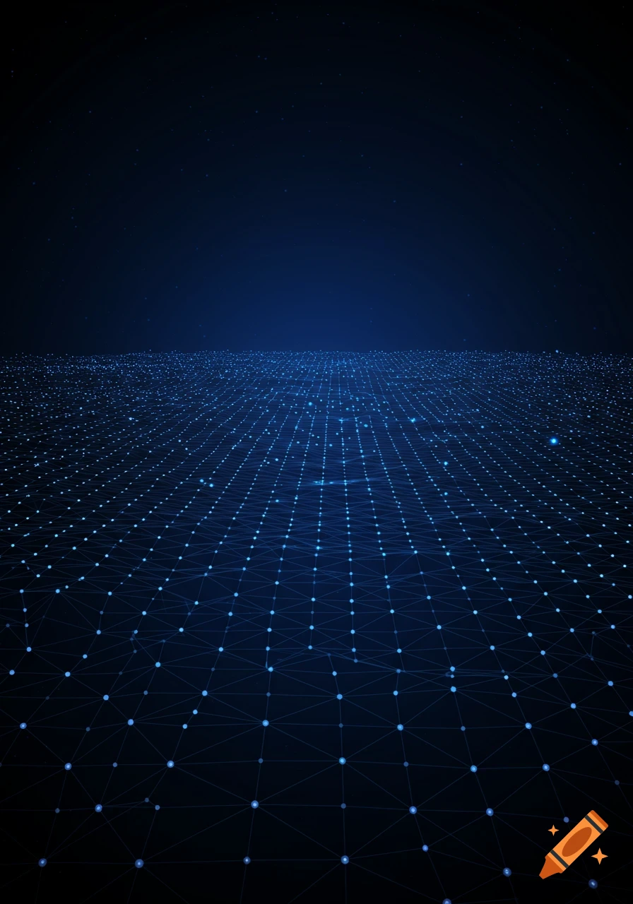 A blue abstract digital landscape with glowing dots and connected lines forming a grid, resembling a futuristic network or starry horizon.