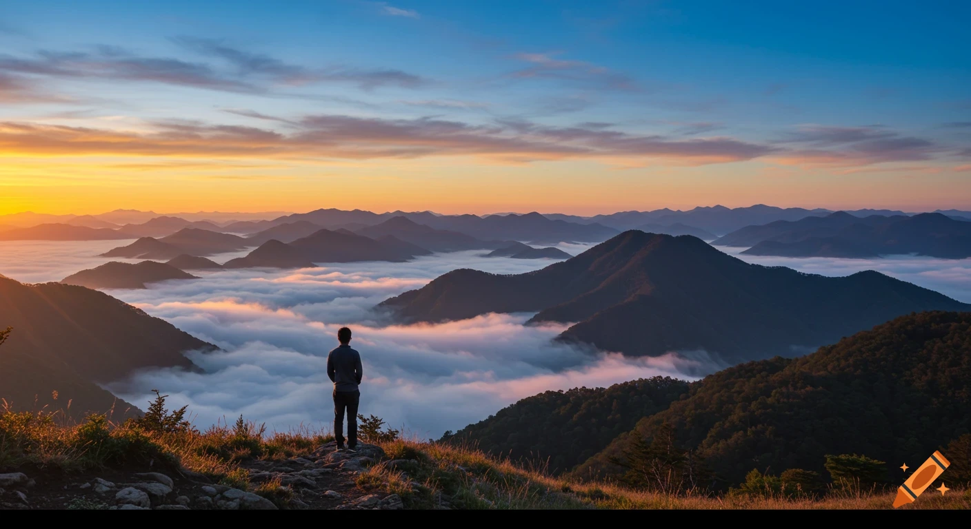 A person stands on a mountain peak, gazing at a panoramic view of cloud-covered mountains under a colorful sunrise sky.