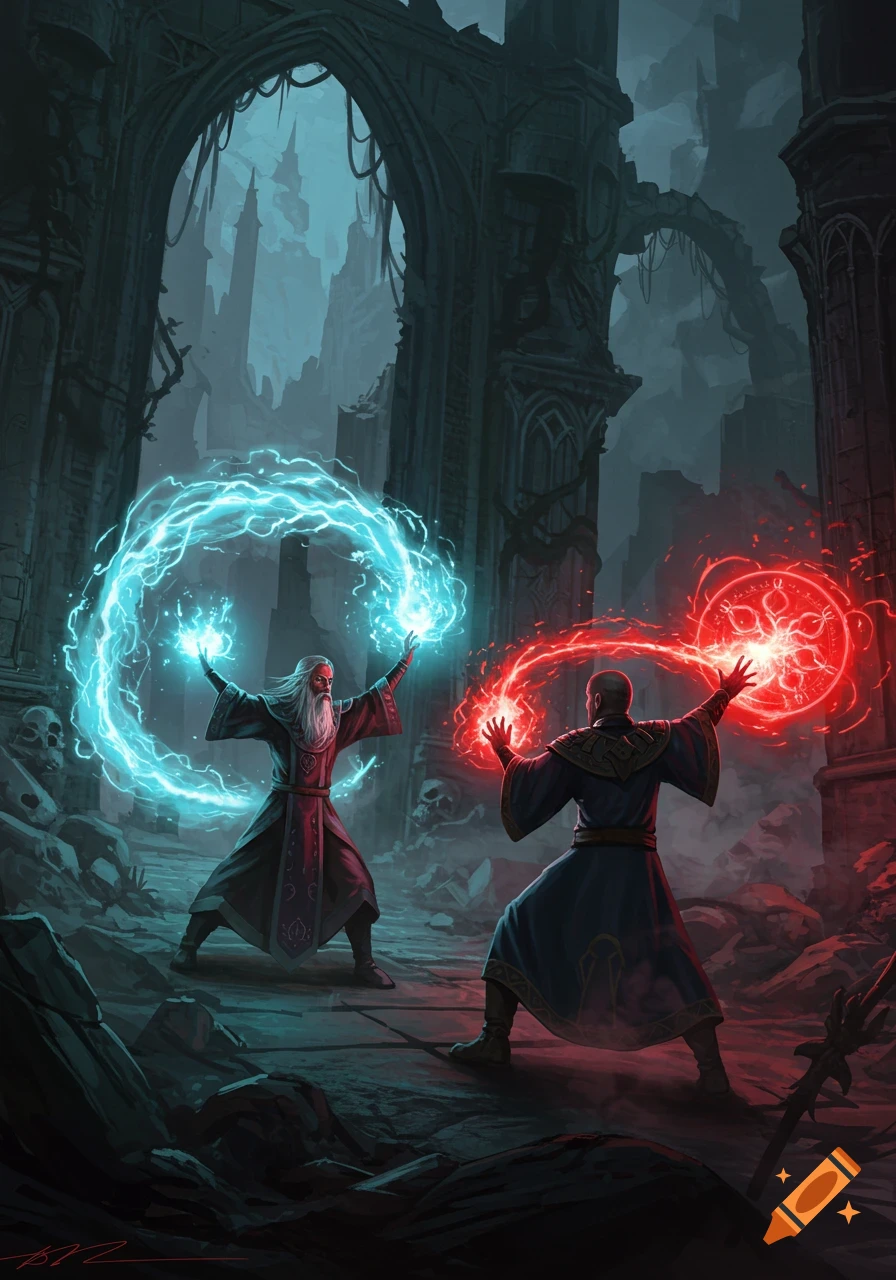 Two wizards duel with glowing blue and red magic amidst dark, ruined castle architecture.