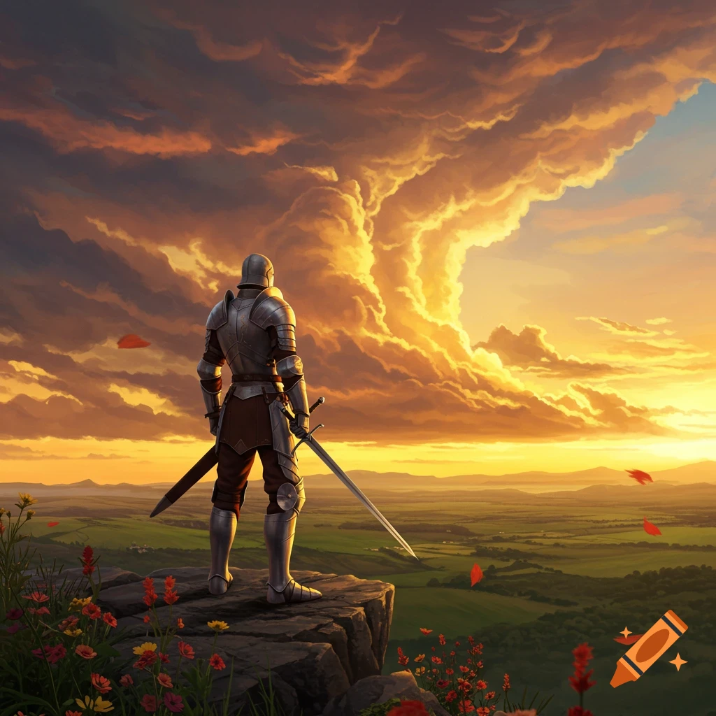 A knight in full armor stands on a cliff, overlooking a vast green landscape under a dramatic orange and yellow sunset.