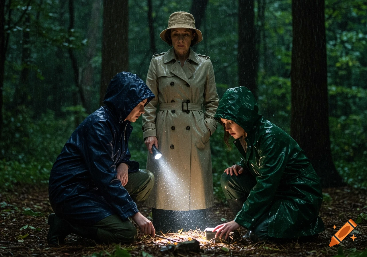 Three women in raincoats in a dark, rainy forest, two kneeling while an older woman shines a flashlight on the ground.