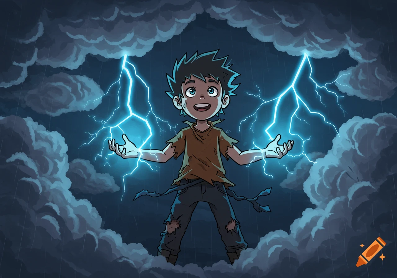 Cartoon boy generating lightning from his hands amidst dark storm clouds.