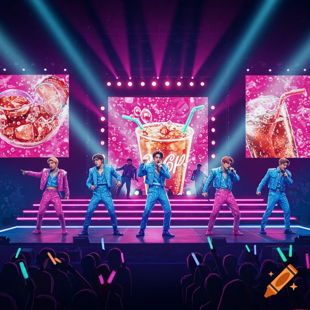 A K-pop group performs on a vibrant stage with neon lights, large screens displaying soda drinks, and a crowd with glow sticks.