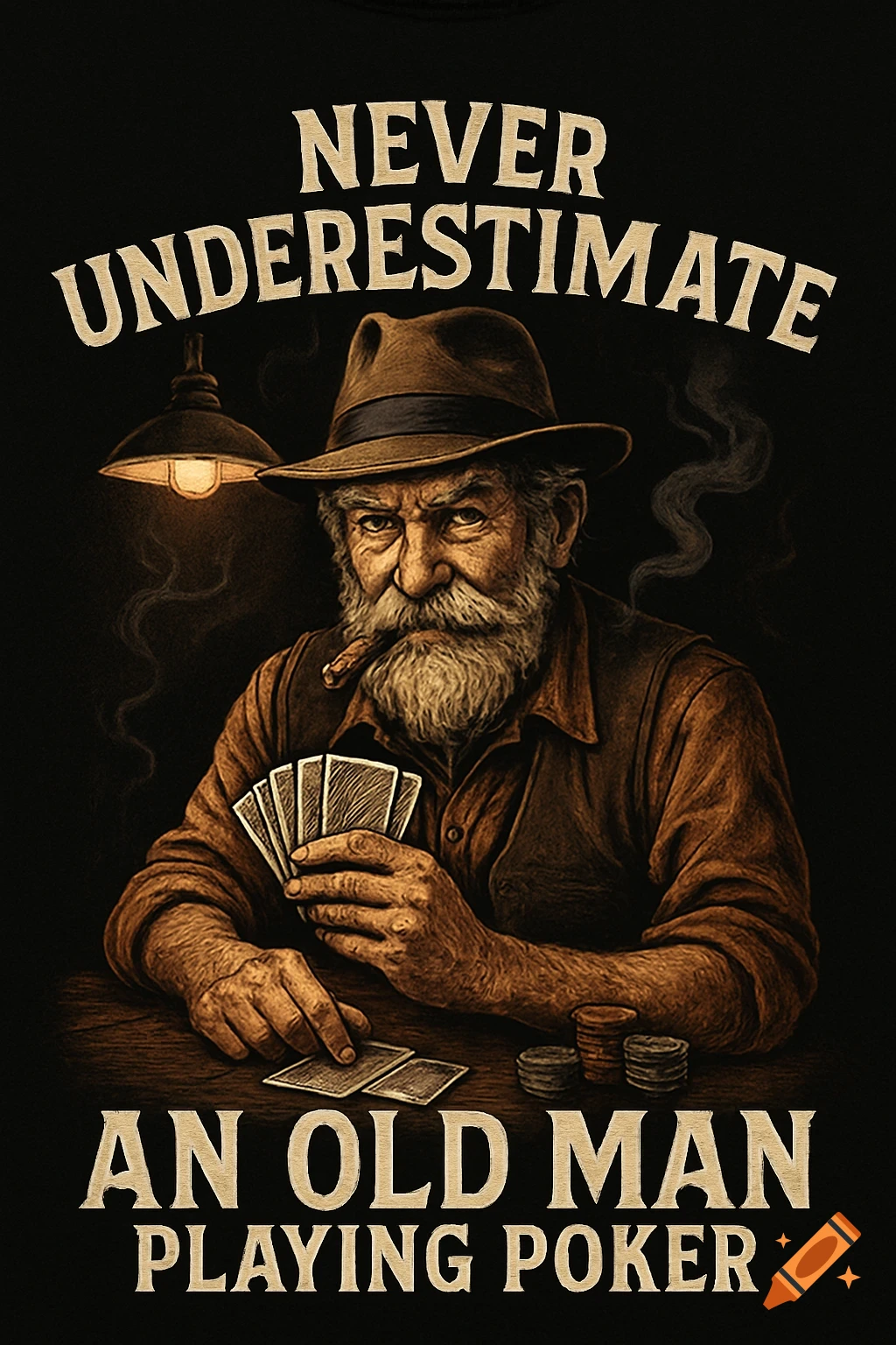 Vintage illustration of a bearded old man in a hat smoking a cigar and playing poker, with the text 'Never underestimate an old man playing poker'.