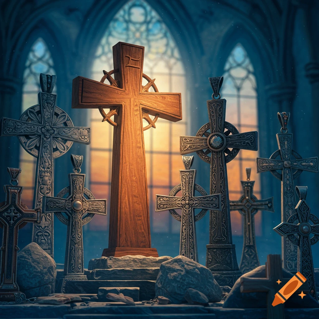 A large, warm wooden cross stands centrally among several ornate, dark Celtic crosses inside a dimly lit gothic church with stained glass windows.