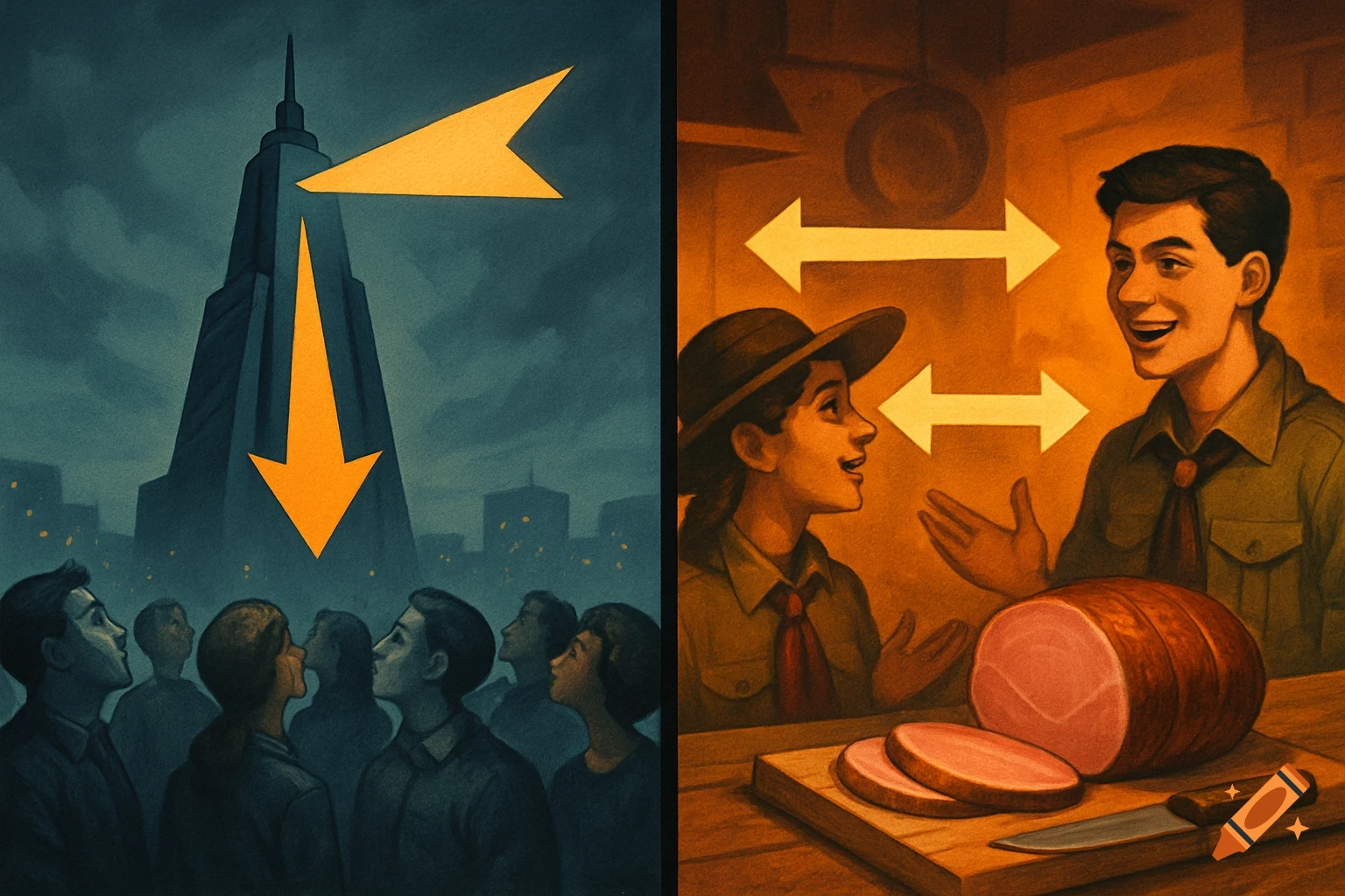 A split illustration. Left: A crowd looks up at a dark skyscraper with an orange arrow shining down. Right: Two scouts with two-way arrows between them, conversing next to a sliced ham on a board.