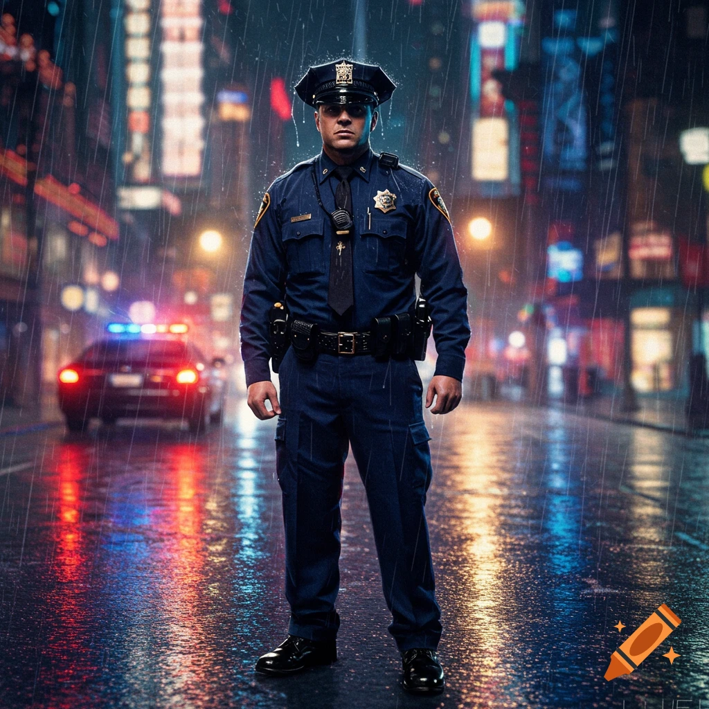 A police officer stands in the middle of a rainy city street at night, with a police car and neon lights blurred in the background, in a photorealistic style.