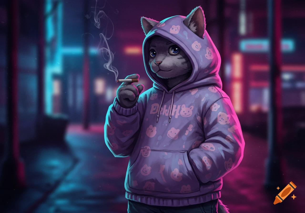 An anthropomorphic cat in a purple hoodie patterned with bear heads holds a lit cigarette in a neon-lit street.