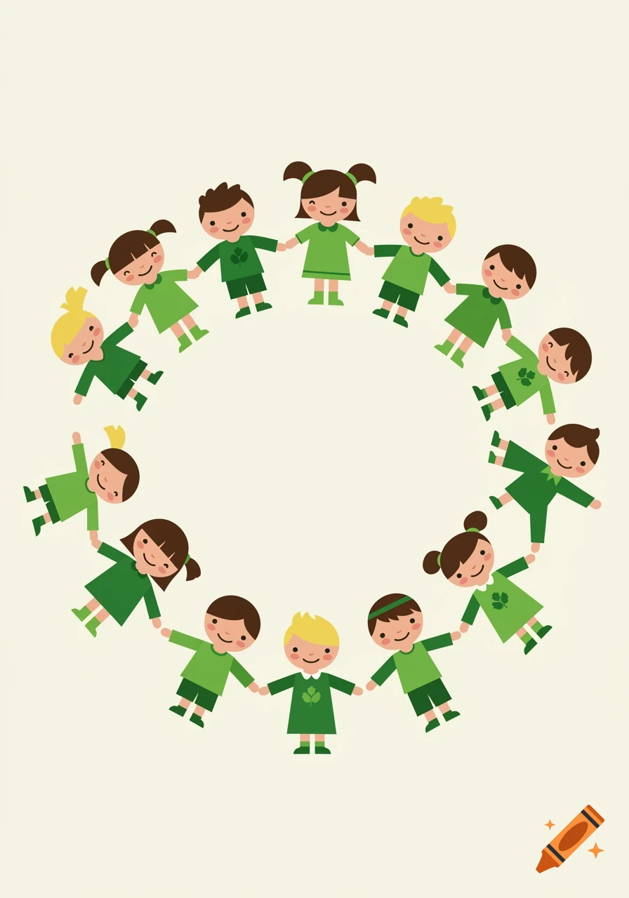 Cartoon illustration of diverse children wearing green clothes, holding hands in a circle.
