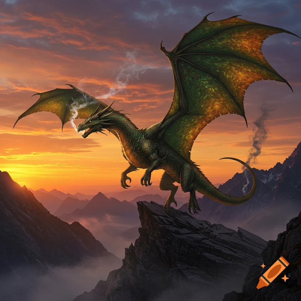 A detailed green dragon perches on a rocky peak, breathing smoke, against a vibrant orange and purple sunset over misty mountains.