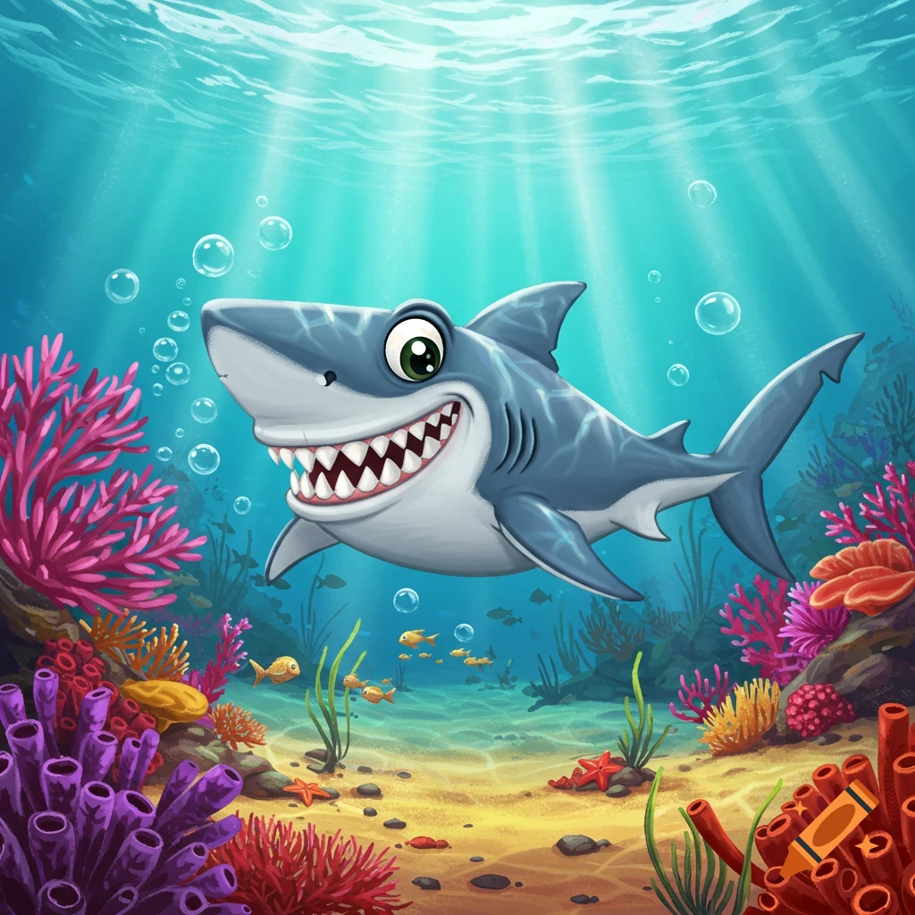 A friendly, grinning cartoon shark with large eyes swims in a vibrant, colorful coral reef underwater scene with sun rays filtering through the water.