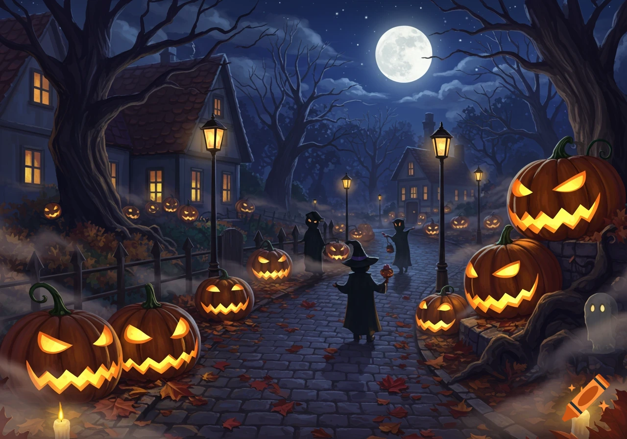 An illustrated Halloween night scene with a cobblestone street, glowing jack-o'-lanterns, and shadowy figures under a full moon.