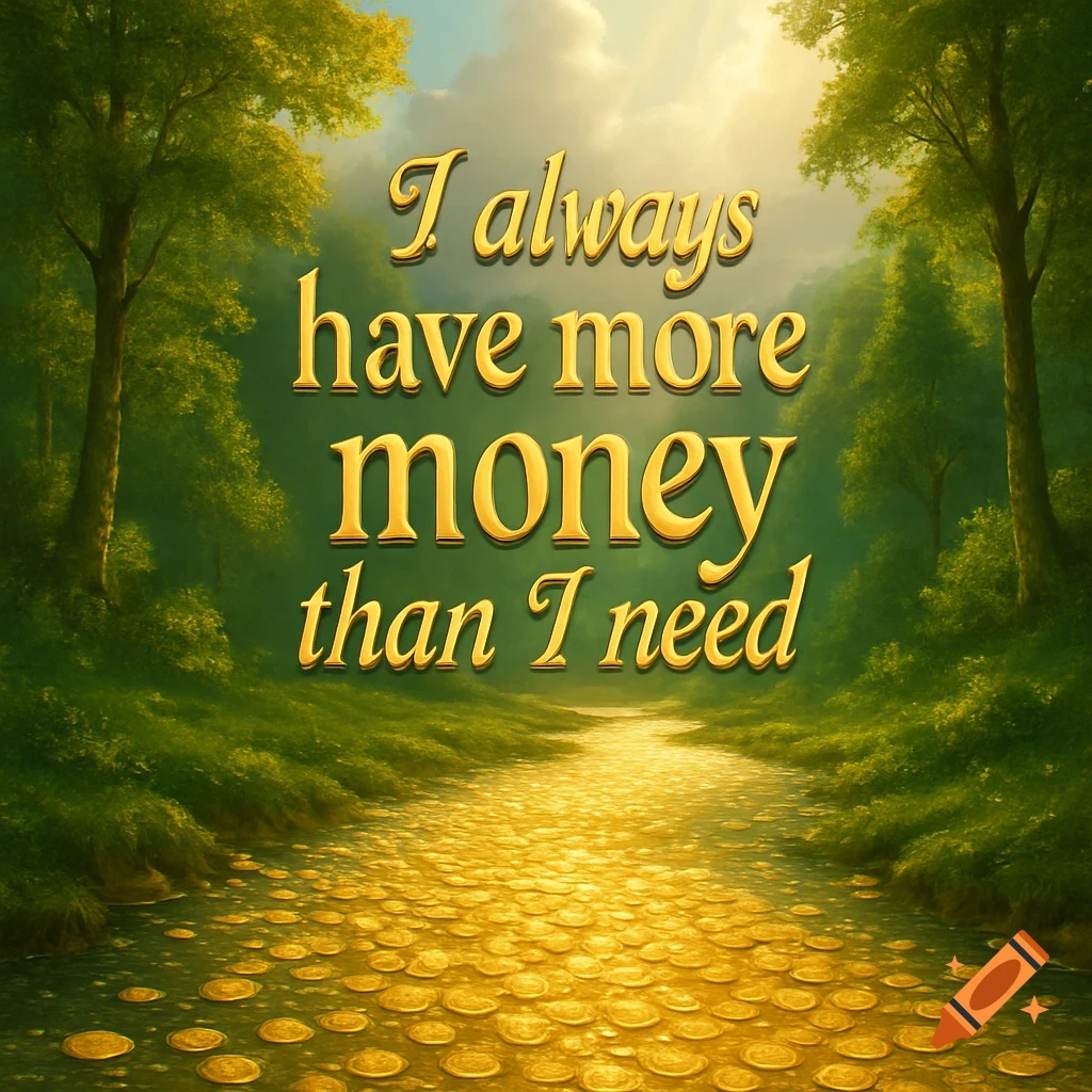 Lush green forest with a path of golden coins, leading towards light. Golden text reads 'I always have more money than I need'.
