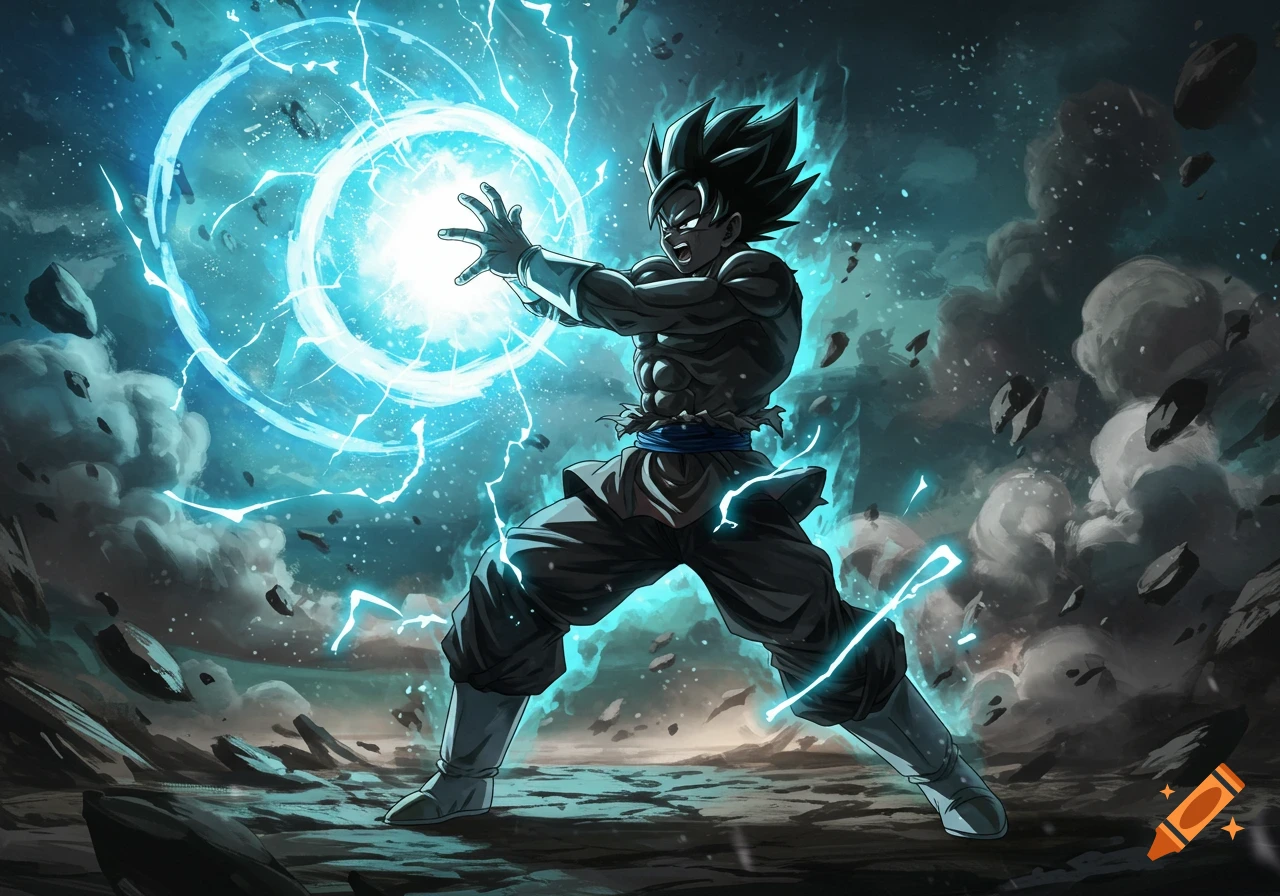 A muscular anime character with spiky black hair charges a glowing blue energy blast in a rocky, stormy landscape.