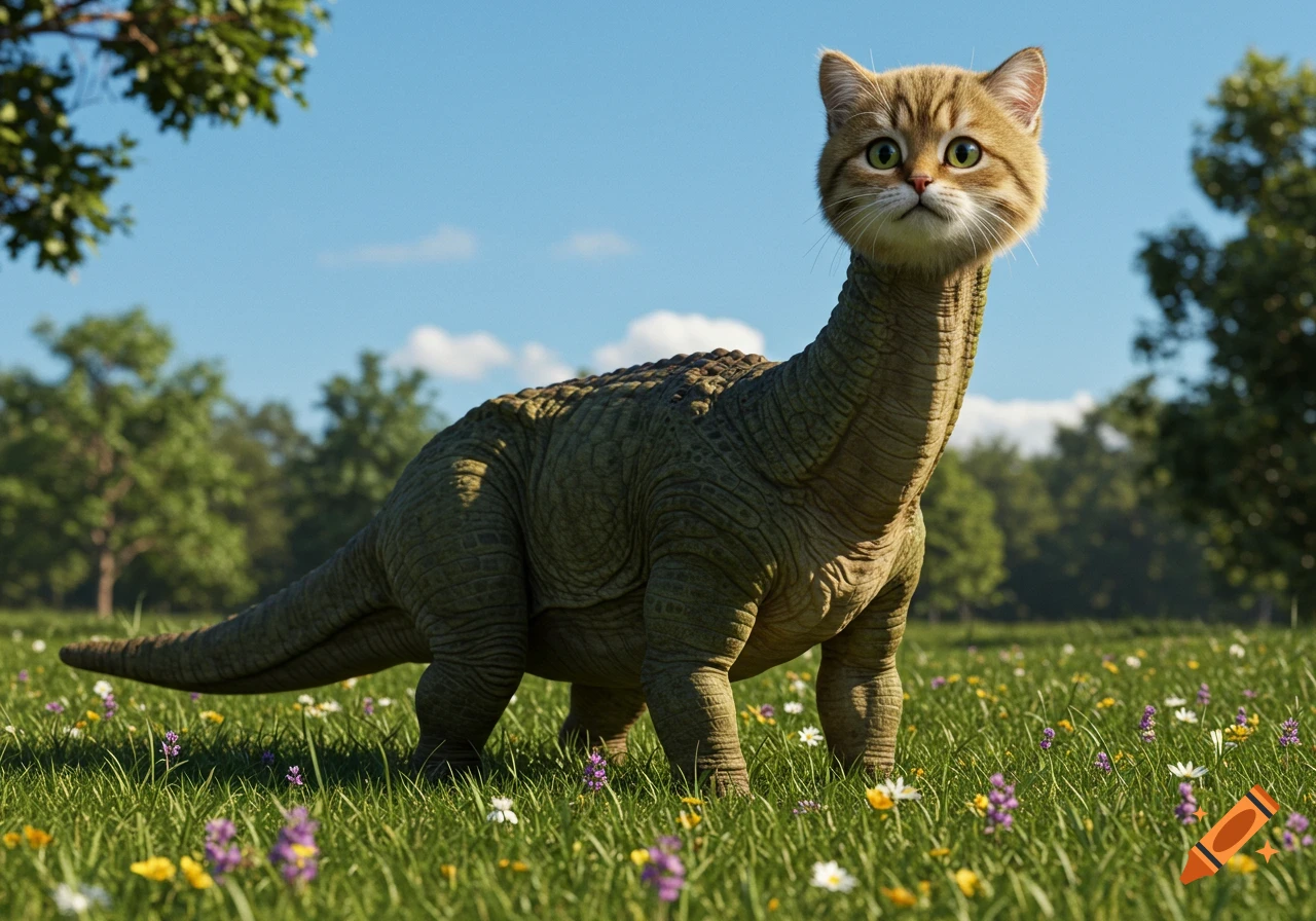 Photorealistic cat-headed dinosaur stands in a grassy field with wildflowers under a blue sky.