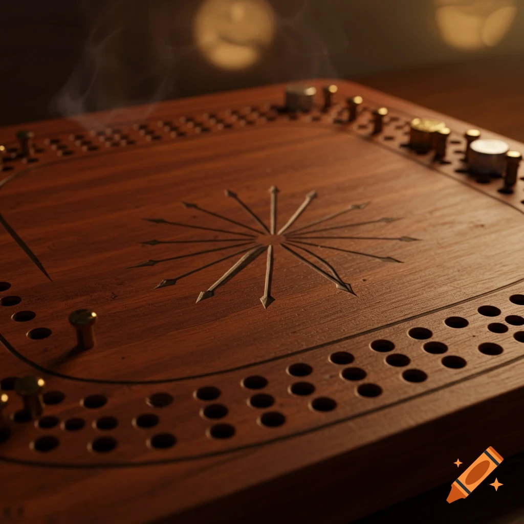 Close-up of a dark wooden cribbage board with brass pegs, a carved star pattern, and wisps of smoke.